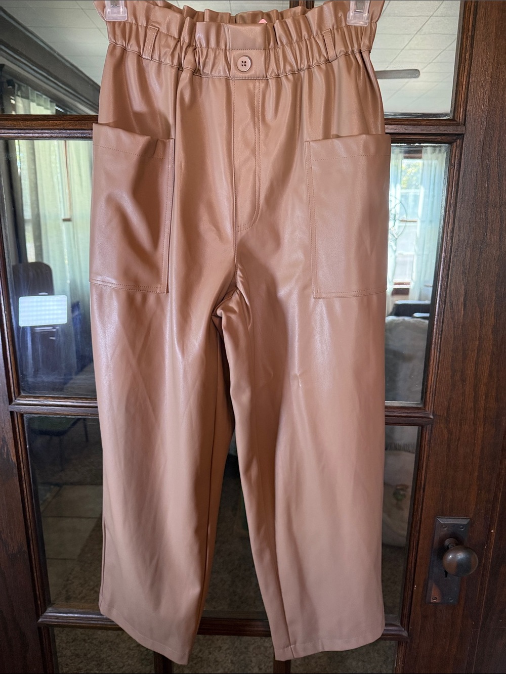 High-Rise Paperbag Faux Leather Wide Leg Pants - Tan